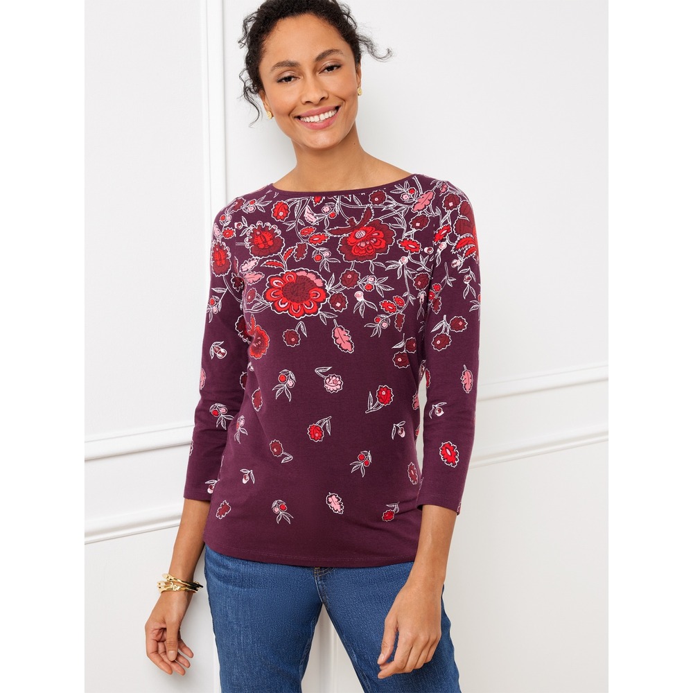 NWT Talbots Bateau Neck Tee Size 1X Burgundy Majestic Blooms Floral Boho Comfy